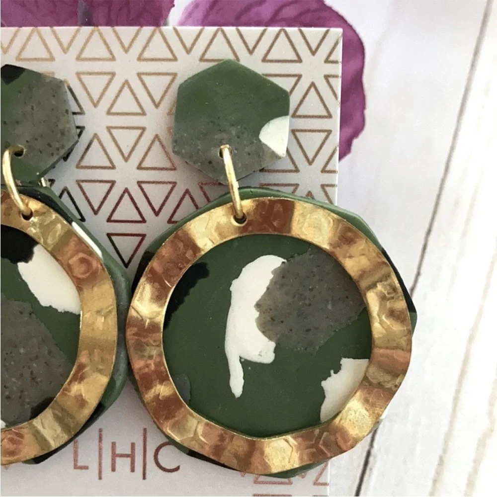 Camo Print & Hammered Gold Dangle Earrings - Picture 3 of 7